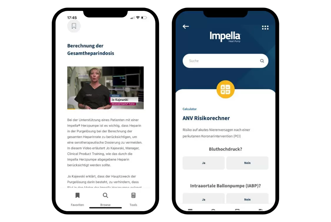 Screenshots von der Impella-App-Oberfläche.